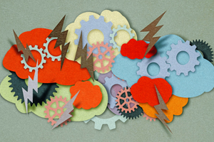 Collage of cutouts, clouds, gears, lightning