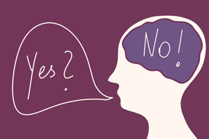 stencil image of a brain and yes? no! decisions