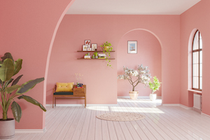 Pink and white room with plants and a phone chair