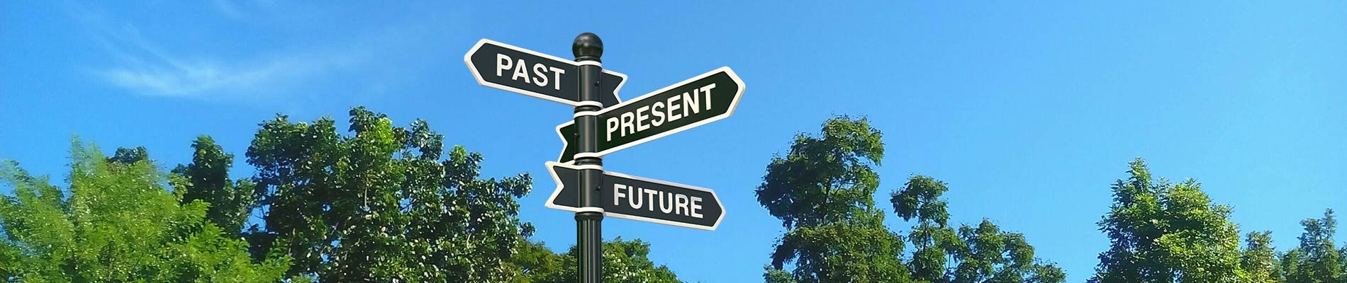 Treelined street with sign indicating, Past, Present, Future
