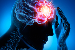 A scientific body silhouette, with a highlighted brain function
